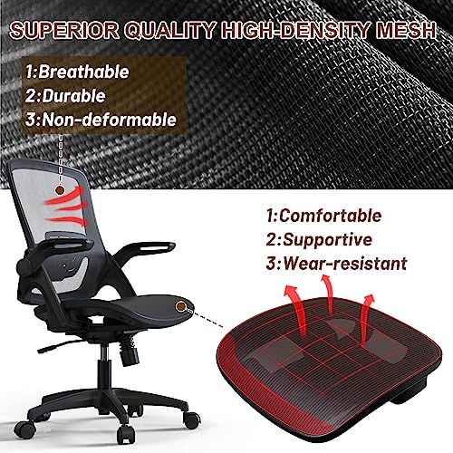KOLLIEE Mesh Home Office Chair Ergonomic Swivel Office Desk Chair with Adjustable Lumbar Support Black Comfortable Computer Chair with Flip up KOLLIEE