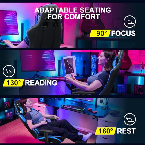 GTPLAYER Gaming Chair with Footrest, Ergonomic Computer Game Desk Chair, Reclining Game Chair Seat Height Adjustment, Swivel Rocker with Headrest and Lumbar (Blue) GTPLAYER