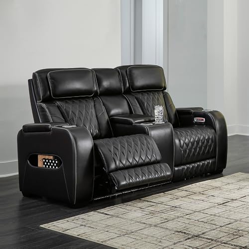 Signature Design by Ashley Boyington Modern Leather Match Power Reclining Loveseat with Console, Adjustable Headrest, Massage, Heated Seat and LED Lights, Black Signature Design by Ashley