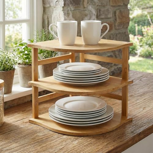 Goaste 3-Tier Bamboo Corner Shelf, Kitchen Countertop Storage Organizer, Cabinet Plate Rack for Pantry Organization, Bathroom, Desktop, 9.5 x 9.5 x 9.5 Inch Goaste