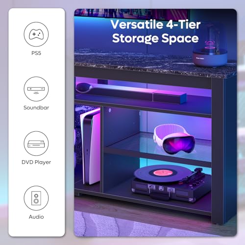 Bestier TV Stand for 65/70 inch TV, Tall Entertainment Center with 2 Led Lights, Gaming TV Console with Storage for PS5, Modern TV Cabinet for Bedroom, Living Room, Black Marble Bestier