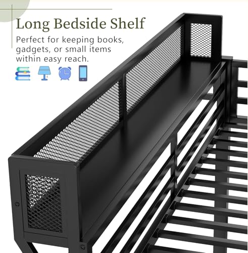Duxelifin Twin Size Loft Bed with Staircase, Metal Loft Beds with Storage Shelves & Wardrobe, High Lofted Bed Frame, Loft Twin Bed for Boys Girls and Teens, No Box Spring Needed (Black) Duxelifin