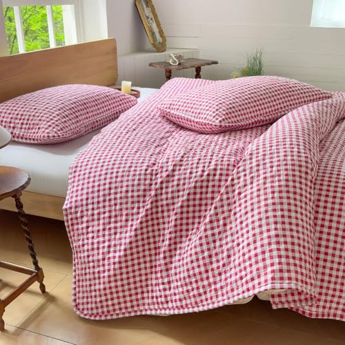 NSNLGSGC Red Gingham Twin Quilt Set, Soft Pre-Washed Microfiber Red Plaid Twin Bedspread, Lightweight Checked Summer Quilt, Grid Bedding Coverlets for All Seasons (Includes 1 Quilt, 1 Pillow Sham) NSNLGSGC