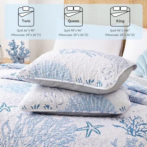 weigelia Coastal Quilts Bedding Set King Size - Blue Summer Nautical Bedding Quilt with Pillow Cases, Beach Reversible Quilt Set Bedspreads Coverlet Soft Lightweight Comforter weigelia