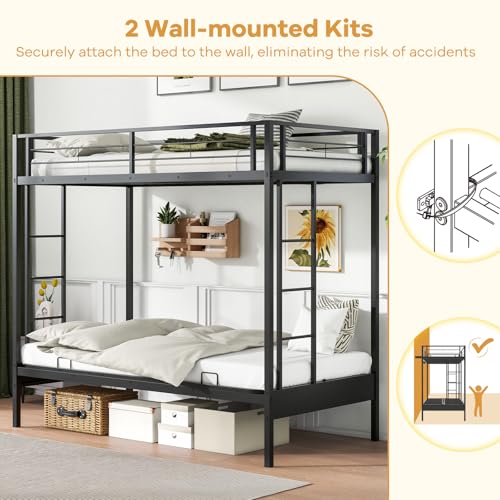 MAT EXPERT Futon Bunk Bed, Metal Bunk Bed Twin Over Twin with Futon & 10” Full Length Guardrails, Double Integrated Ladders, Convertible Loft Bed with Couch for Kids, Teens, Adults, Black MAT EXPERT