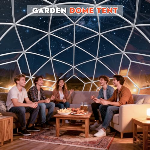 12FT Garden Dome Tent, Geodesic Dome Greenhouse with PVC Clear Cover, Waterproof Garden Bubble Dome Tent House with 2 x 10M Light Strings for Outdoor, Patio, Party (White Edge, 12.5FT/3.8M) MAPONEEN
