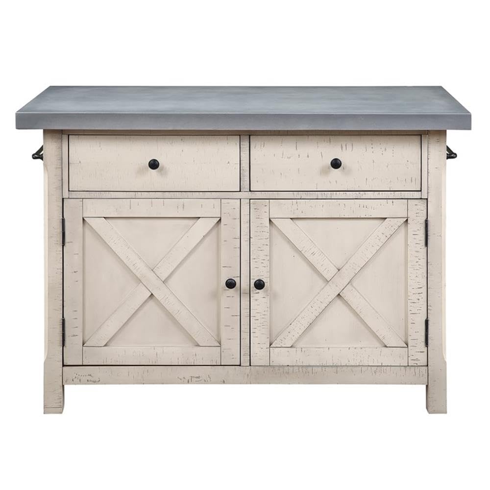 OSP Home Furnishings Nashville Kitchen Island with 2 Matching Stools, Cement Grey Top OSP Home Furnishings