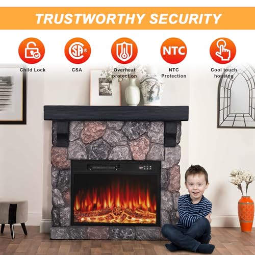 BOSSIN 36" Electric Fireplace with Mantel, 23 inch Electric Fireplace Insert, TV Stand Freestanding Heater with Remote Control Timer LED Flame for Living Room Bedroom,Faux Stone Gray BOSSIN