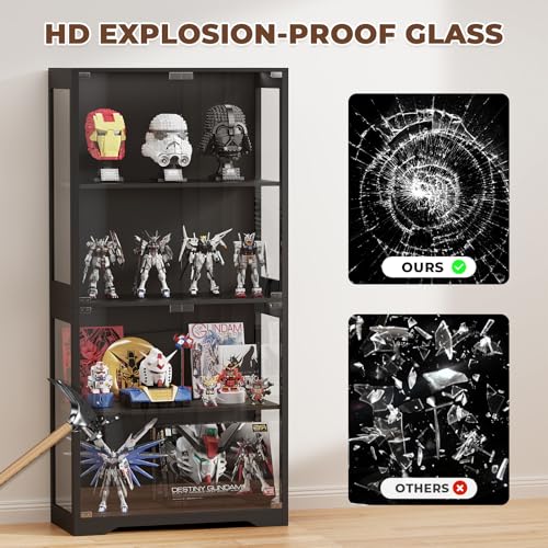 BROTTAR Display Cabinet with Glass Doors, 4-Tier Curio Cabinet&Bookcase with 3 Color Light for Collectibles, Toys, Books, Glass Storage Cabinet, Black BROTTAR