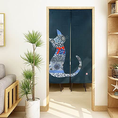 LIGICKY Noren Japanese Style Doorway Curtain Cat with Traditional Chinese Floral Printed Door Tapestry Boho Décor Room Divider Curtains, 33.5" Width x 59" Long Navy Blue LIGICKY