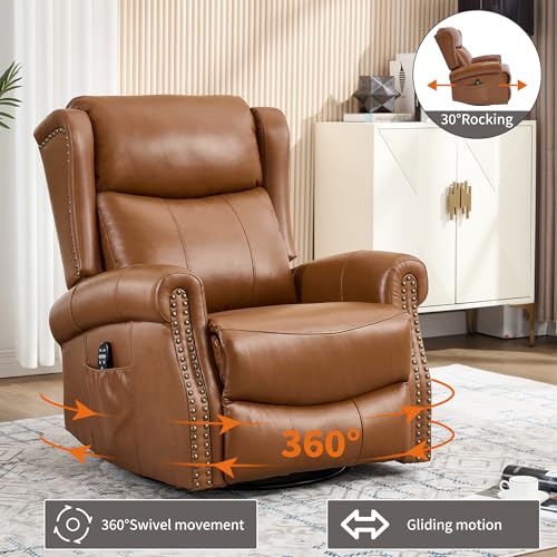 Genuine Leather Recliner Chair for Adults, Manual Swivel Rocker Glider Rocking Chair with Vibration Massage Lumbar Heat for Nursery, Rivet Design Single Sofa Chair for Living Room - Brown