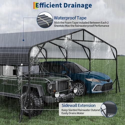 Carport with Reinforced Frame and Steel Roof, All-Weather Metal Car Port for Bass Boats, Sedans, and Tractors, 20 x 25 ft TROPOW
