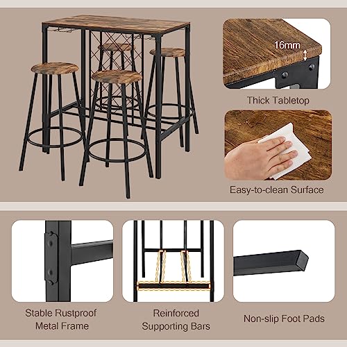 COSTWAY 5-Piece Bar Height Dining Set, 4-Person Table and Stools with Wine Racks & Glass Holders, Kitchen Breakfast Set for Home, Coffee Shop, Rustic Brown & Black COSTWAY