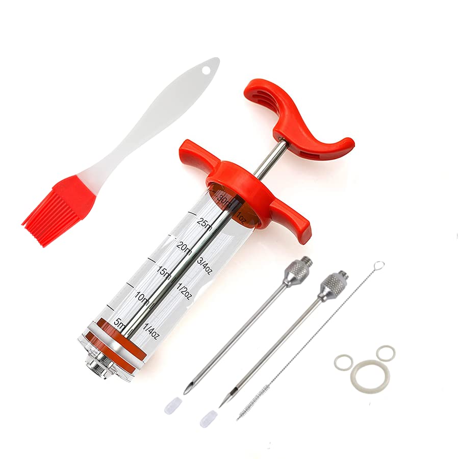 Meat Injector Kit, Plastic Marinade Turkey Injector Syringe with Screw-on Meat Needle for BBQ Grill,1-oz,with 2 Professional Needles,1 Cleaning Brush,3 Extra O-Rings,1 Brush For Basting OBHRRY
