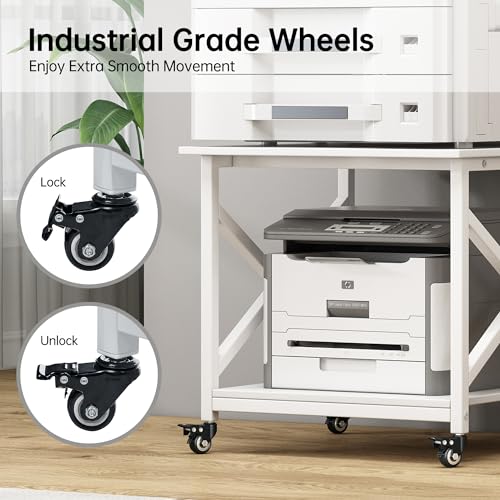 Fannova 23.6 x 23.6 Inches Large Printer Stand, 2 Tier Square Printer Table with Storage Shelf for Home Office, Multi-use Rolling Cart with Wheels for Laser Printer, 3D Printer and Mini Fridge - White Fannova