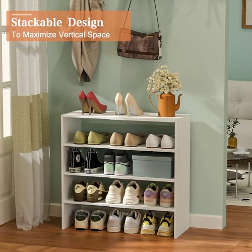 2-Tier Small Shoe Rack Organizer for Closet, White Expandable Shoe Shelf, Stackable Iron Wood Combination Shoe Racks Shelves for Closets, Entryway,Small Space,Hallway,Garage,6-12 Pairs,Patent Pending Cidaziya