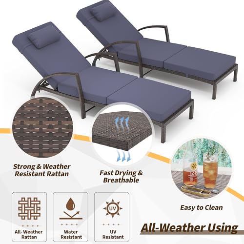Set of 2 Chaise Lounge Chairs Outdoor, PE Rattan Wicker Poolside Recliners with 5-Position Adjustable Backrest, Blue Cushions, Armrests and Wheels, Patio and Garden Furniture for Beach and Backyard