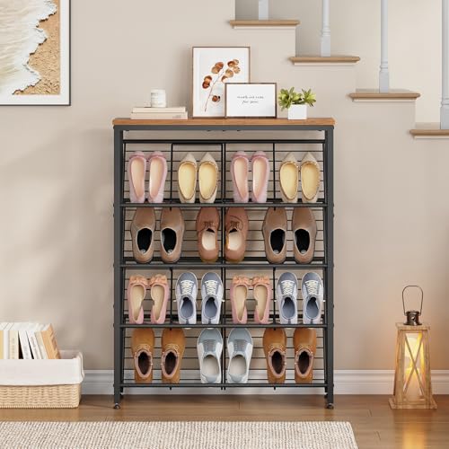 HOOBRO Shoe Rack, 5-Tier Narrow Slanted Shoe Storage Shelf, Slim Shoe Organizer for Front Door Entrance, Garage, Entryway, Holds up to 12-16 Pairs of Shoes, Rustic Brown and Black BF20XJ01 HOOBRO