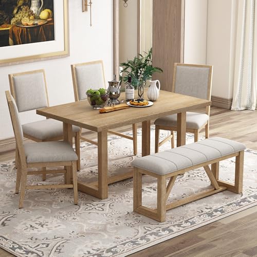 Merax Farmhouse Wood 6-Piece Dining Set, 59.6 inch Rectangular Table, 4 Upholstered Chairs and 1 Bench for Kitchen, Natural Merax