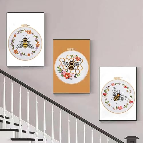 Konrisa Embroidery Kits for Adults Beginner, European Style Bees Collect Honey Stamped Embroidery Starter Kit,DIY Sewing Practice, Needlepoint Cross Stitch Kit,Set of 3