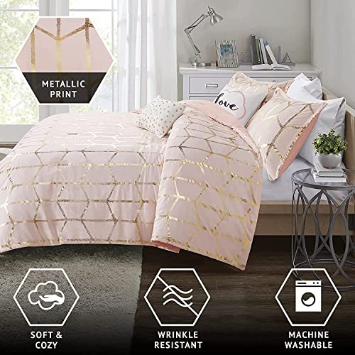 Intelligent Design Raina King/Cal King Comforter Set, Soft Microfiber, Modern Geometric Metallic Bed Set, 5 Pieces College Bedding with 2 Shams, 2 Toss Pillows Blush/Gold Intelligent Design