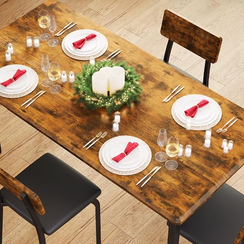 IRONCK 5-Piece 63" Extendable Dining Table with 4 Upholstered Chairs, Kitchen Table Set for 4-8 People, Dining Room Sets with MDF Wood Board, Drop Leaf Table Design for Space Saving, Rustic Brown IRONCK