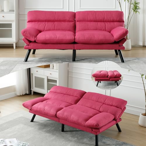 Modern Linen Velvet Convertible Folding Futon Couch Sofa Bed Adjustable Pillow Top Arm Memory Foam Couch Double Loveseat Sofa for Compact Living Space,Dorm,Game Studio,Apartment,Bedroom (Rose Red) Klwenas Maec