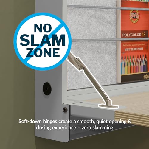 Vari Hide-Away Wall Mounted Floating Desk - 32” Foldable Murphy-Style Desk for Bedroom, Dorm, Apartment + Cable Ports, Bungee Storage, Shelf, 100 Lb Capacity + Simple Assembly (Dove Grey/Light Wood) Vari