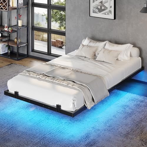 DICTAC Floating Bed Frame Twin XL Size with LED Lights, Metal Platform Twin XL Bed with Heavy Duty Steel Slats and 4 Mattress Slide Stopper, Black DICTAC