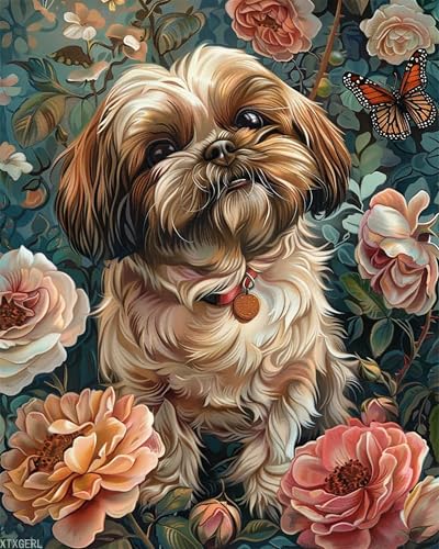 XTXGERL Shih Tzu Rose and Butterfly Paint by Numbers Kit for Adults 16x20 Inch Without Frame, DIY Oil Painting by Number, Adult Paint by Number Kits on Canvas for Wall Decor XTXGERL