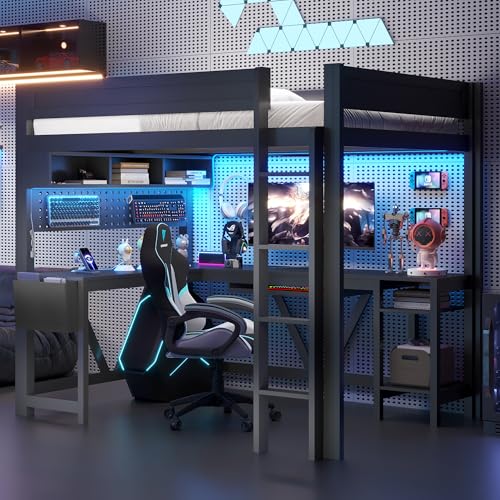 Merax Full Size Gaming Loft Bed with L Shape Desk, Storage Shelves, Sturdy Wood Loft Bunk Bed Frame with Charging Station and Lights, No Box Spring Needed, Space-Saving, Noise Free, Black Merax