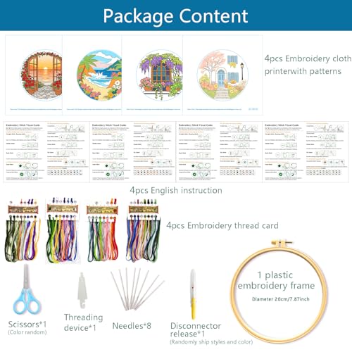 Zhenqing 4 Landscape Scenes Embroidery Kit for Beginners, 4-Pack Circular Designs with 20cm Hoop, Pre-Printed 29x29cm Cotton Fabric & Threads for Home Decor (JC0038)