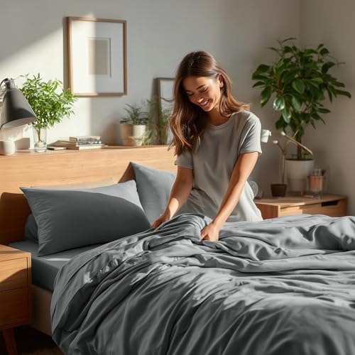 Deconovo Queen Sheet Set–4Piece Brushed Microfiber Bedding with Deep 16 inch Pocket,Soft & Durable Sheets,All‑Around Elastic Fitted,Machine Washable–1 Flat,1 Fitted,2 Pillowcases,Grey Deconovo