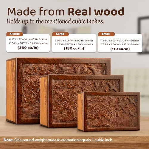 INTAJ Handmade Rosewood Urn for Human Ashes - Tree of Life Wooden Urns Hand-Crafted - Funeral Cremation Urn for Ashes (11x7.5x6 (340 Cu/In), Tree of INTAJ