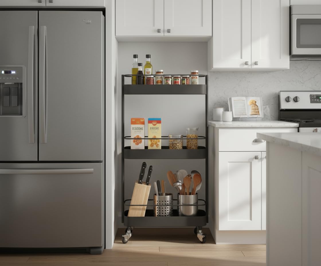 Wayshome Rolling Storage Cart, 3 Tier Bathroom Organizer Mobile Shelving Unit, Metal Utility Cart Tower Rack for Kitchen Laundry Narrow Places(Fully Assembled Furniture, Black) Wayshome