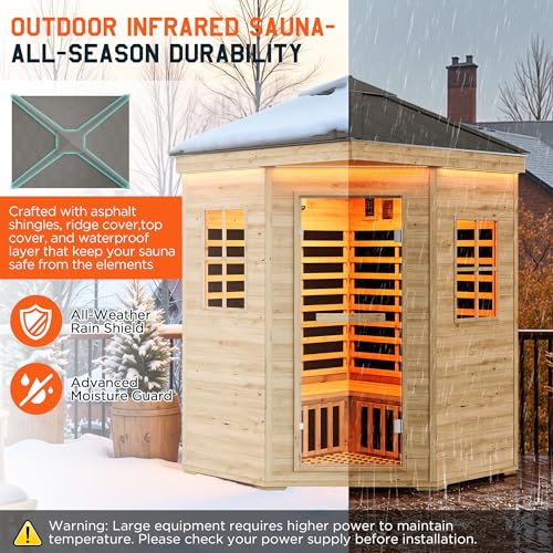 Albott Outdoor Sauna 4 Person, Infrared Saunas for Home, Low EMF 2850W/240V/20A Spruce Wood Dry Sauna with Tourmaline Stone Foot Warmer, 7-Color Light Therapy & 2 Bluetooth Speakers, 59.1"x59.1"x98.4" Albott