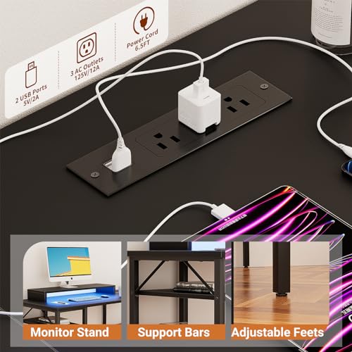 Unikito Reversible L Shaped Desk with Magic Power Outlets and Smart LED Light, Sturdy Corner Computer Desk with Monitor Stand & Storage Shelves, Gaming Table Home Office Desk, Easy Assembly, Black Unikito