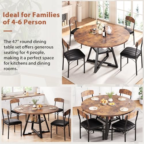 Round Dining Table Set for 4, Kitchen Table and Chairs for 4, Circle Table Round Pedestal Dining Room Dinner Dinette Table Set,5 Piece Space Saving Wood Kitchen & Dining Room Tables Set Furniture Jocoevol