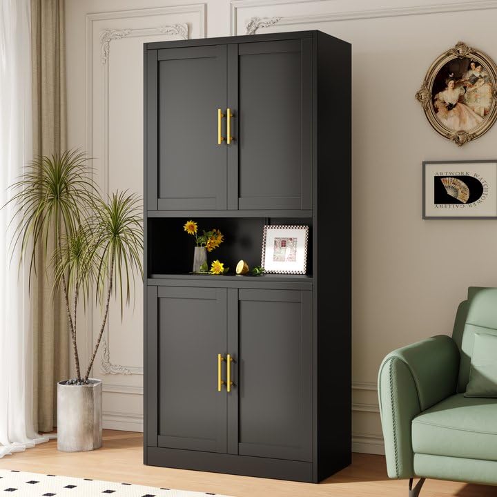 winiowa 71" Tall Kitchen Pantry Storage Cabinet, Metal Bathroom Storage Cabinet with Doors and Adjustable Shelves,Black Kitchen Cabinets with Microwave Stand, Large Cupboard for Bathroom Dining Room winiowa