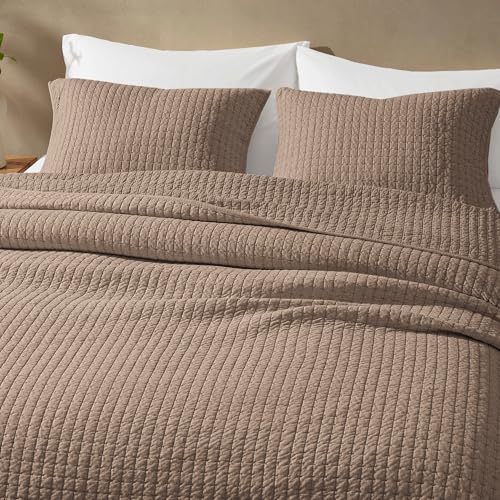 Wonderful 100% Cotton Jersey Knit Quilt - Stitch Heather Brown Mocha King Quilt with Two Pillow Shams - Soft & Breathable, All-Season Use, Hypoallergenic, Prewashed, Bedspread & Coverlet, 104"x94" Wonderful