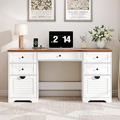 Ieejdn 59" Home Office Desks, Executive Desk, Farmhouse Computer Desk with 7 Drawers and Charging Station, File Drawer, Rustic Computer Writing Desk,Antique Cream