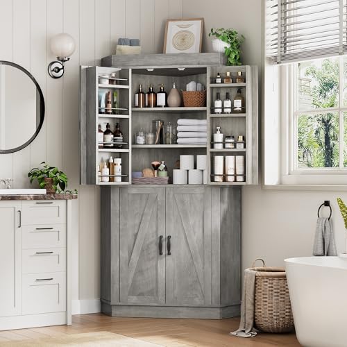 Jocoevol Corner Kitchen Pantry Storage Cabinet with Doors, Kitchen Hutch, 71'' Tall Food Storage Cabinet Furniture for Living Room, Dining Room (Grey) Jocoevol