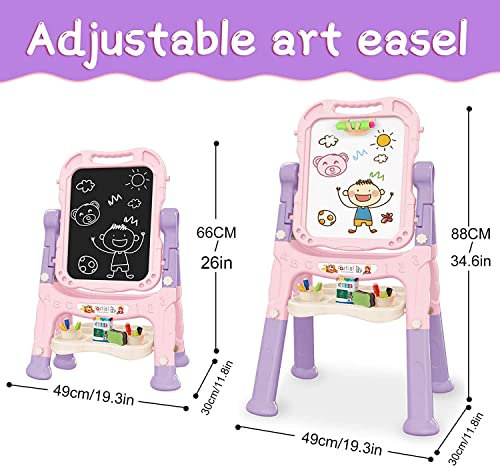 Mojitodon Art Easel for Kids, Adjustable Standing Rotatable Double Sided Easel with Painting Accessories for Toddlers Boys and Girls-Pink Mojitodon