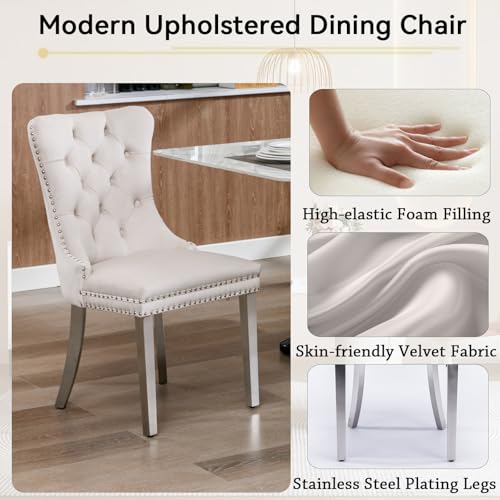 Henf 7 Pieces Faux Marble Dining Table Set for 6, 63"-79" Extendable Dining Room Table and 6 Beige Tufted Chairs Set for 6, Modern Large Expandable Kitchen Table with White Double Columns Base Henf