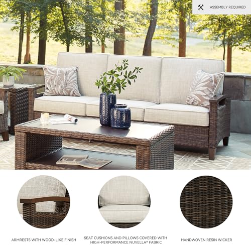 Signature Design by Ashley Paradise Trail Outdoor Patio Sofa with Cushion and 2 Pillows, Brown & Beige Signature Design by Ashley