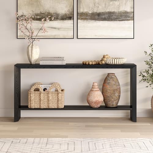 Henn&Hart 64" Wooden Rectangular Console Table Entryway Table, Sofa Table with Wooden Storage Shelf for Entryway, Living Room, Couch, Hallway, or Office, Natural Black Henn&Hart
