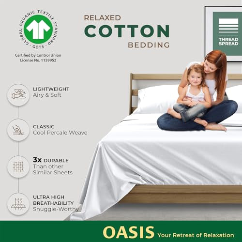 THREAD SPREAD 100% Organic Cotton Sheets Twin Size - 3 PC Organic Cotton Twin Size Percale Weave Sheet Set, Soft, Cooling, Crisp & Breathable, 16" Deep Pocket Bedding Set for Dorm Room - White THREAD SPREAD