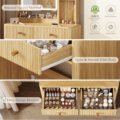Memobarco Fluted Vanity Desk with Mirror and Lights, Small Makeup Vanity with 2 Drawers and Jewelry Storage Cabinet, 3 Lighting Modes Adjustable Brightness, Dressing Table for Bedroom - Natural Oak Memobarco
