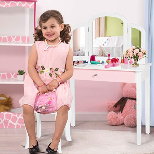 Costzon Kids Vanity, Girls Vanity Set with Tri-Folding Mirror, Stool, Storage Drawer, Princess Toddler Makeup Vanity Desk Dressing Table, Wooden Kids Vanity Table and Chair Set (White) Costzon