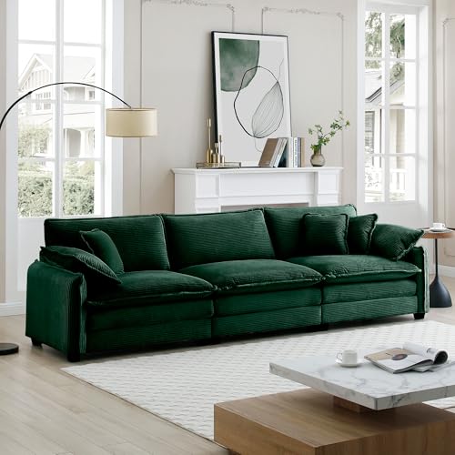 Ball & Cast 115.34" Modular Sectional Sofa Couch, Comfy Corduroy 3 Seat Upholstered Reclining Sofa-Bed w/ 5 Pillows & Removable Back Cushions for Living Room Apartment Office Small Spaces, Green Ball & Cast